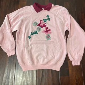 Vintage Christmas Collared Poinsettias Embroidered‎ Pink Ugly Christmas Sweater
